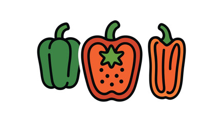 flat vector bold outline pepper trio white background sticker style measured spacing seed specks bell pepper halves stem pepper strip
