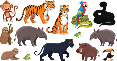 Naklejka premium Jungle Animals Collection with Monkey Tiger Sloth Tapir Panther Boar and Birds illustration