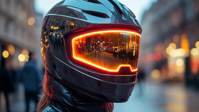 Modern helmet with illuminated visor on street during evening in city