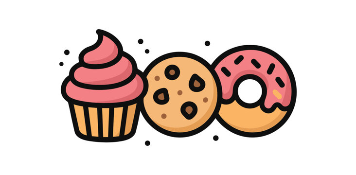 flat vector bold outline sweet trio white background sticker style steady rhythm sugar dust cupcake donut chip