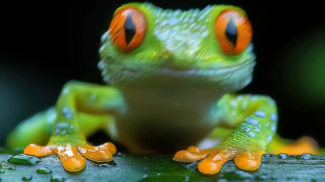 Colorful green tree frog with bright orange eyes resting on a leaf in a rainforest setting during the day