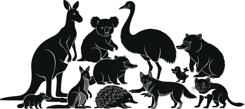 Group of Australian and Other Animals Silhouettes on White Background black kangaroo
