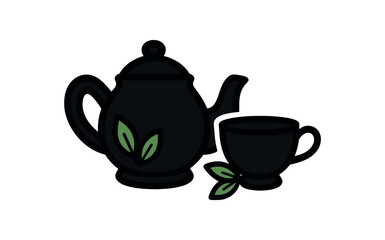 flat vector bold outline kettle silhouette white background sticker style neat spacing leaf accents kettle teacup