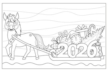Coloring book page. Happty New Year 2026. Vector illustration.	
