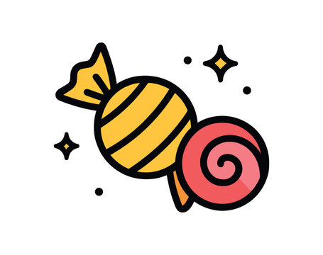 flat vector bold outline candy combo white background sticker style sparkle dots twist wrap round candy