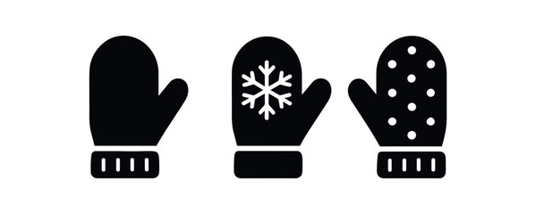 Flat vector illustration four mitten pairs black and white solid black icon style seasonal essentials theme winter vibe 4x1 grid equal spacing isolated on white