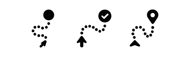 Flat vector illustration three dotted paths (journey) black and white solid black icon style conceptual focus flow theme 3x1 grid equal spacing clean silhouettes isolated on white