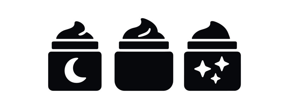 Flat vector illustration three cream jars black and white solid black icon style night mindfulness theme 3x1 grid equal spacing clean silhouettes isolated on white