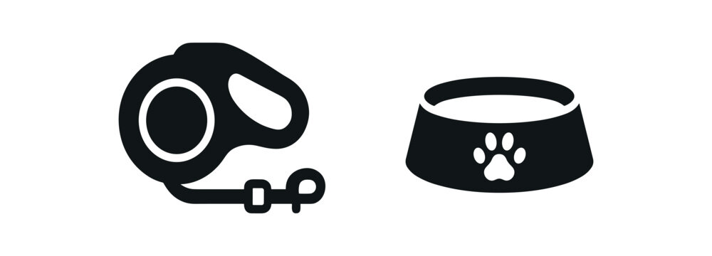 Flat vector illustration leash dog bowl pet walk theme black and white solid black icon style 2x1 grid equal spacing isolated on white full objects visible