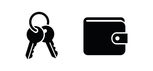 Flat vector illustration keys wallet errands theme black and white solid black icon style 2x1 grid equal spacing isolated on white full objects visible