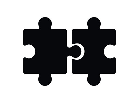Flat vector illustration two puzzle pieces (fit) black and white solid black icon style conceptual focus flow theme 2x1 grid equal spacing clean silhouettes isolated on white