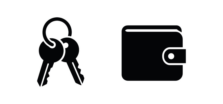 Flat vector illustration keys wallet errands theme black and white solid black icon style 2x1 grid equal spacing isolated on white full objects visible
