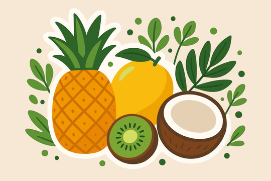 flat vector illustration tropical fruits group pineapple mango kiwi coconut decorative leaves and dots sticker style