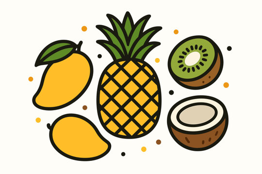 flat vector illustration exotic fruits pineapple mango kiwi coconut bold outline decorative dots clean white background