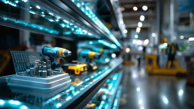 Defocused shot of illuminated virtual shelves displaying drills and saws, depth-of-field effect adding modern high-tech atmosphere, with copy space.