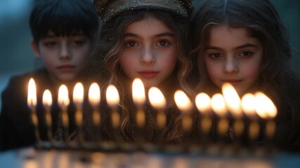 Celebration of light with children gathered around menorah during festive evening