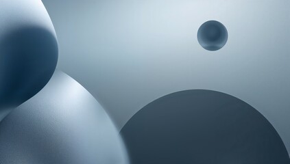 Abstract background with floating spheres and curved shapes in shades of blue and gray colors