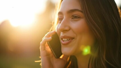 Woman talking on the phone outdoors with a beautiful smile in the sunlight. - Powered by Adobe