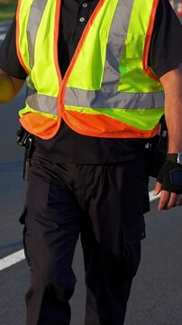 Worker wearing high visibility vest walking; purposeful stride along roadway, black cargo pants, radio clipped to belt, gloved hand, reflective stripes catching sunlight, traffic control role at urban