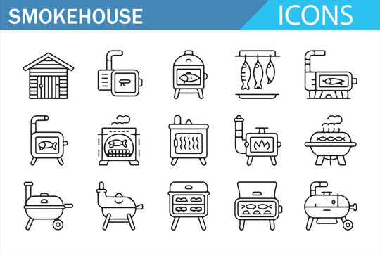 Vector smokehouse illustrations with meat racks, grills, and outdoor cookers