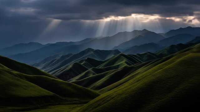 Rolling green hills under dramatic sunlight streaming through clouds