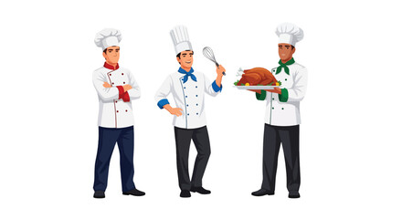 Set of vector illustrations of male chefs holding dishes and tools, ideal for restaurant branding, culinary school materials, and food service marketing