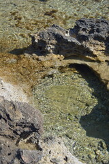 Close-up of tidal pool with clear water and rocky edges under bright sunlight, tranquil coastal nature, copy space