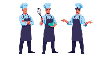 Set of vector illustrations of male chefs holding dishes and tools, ideal for restaurant branding, culinary school materials, and food service marketing