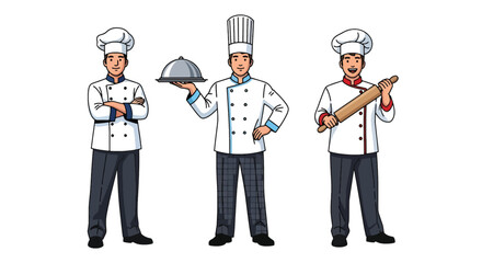 Set of vector illustrations of male chefs holding dishes and tools, ideal for restaurant branding, culinary school materials, and food service marketing