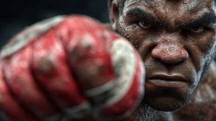 Extreme close-up of a boxer throwing a powerful punch, showing intense focus, sweat, and muscular tension.