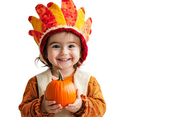 Adorable toddler in turkey outfit posing with pumpkin highlighting family-friendly autumn celebrations isolated on transparent background PNG