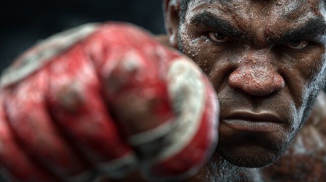 Extreme close-up of a boxer throwing a powerful punch, showing intense focus, sweat, and muscular tension.