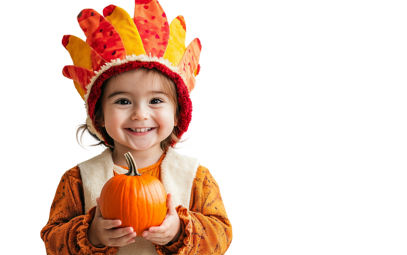 Adorable toddler in turkey outfit posing with pumpkin highlighting family-friendly autumn celebrations isolated on transparent background PNG