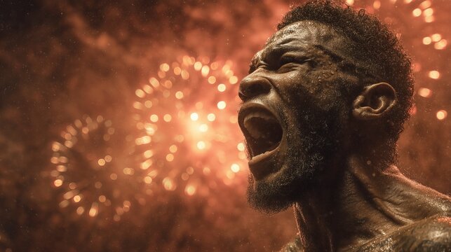 Emotional shot of a victorious boxer screaming in triumph against a dramatic backdrop of exploding, fiery fireworks and bokeh lights.