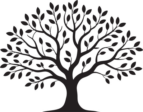 Dense leaves populate the branches of this robust black tree silhouette gracefully