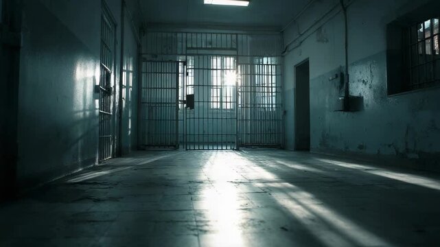 Empty prison hallway with barred windows and doors, dramatic lighting