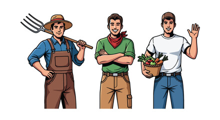 Set of vector illustrations of male farmers with tools and fresh produce, perfect for agricultural branding, organic food marketing, and rural lifestyle materials