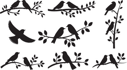 Silhouette Birds on Branches Vector Illustration Spring Design Elements Set