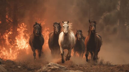 Wild Horses Running from Raging Forest Fire, Dramatic Cinematic Scene