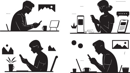 Four silhouettes illustrate diverse people using phones at tables with objects, shown on transparent background