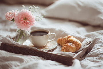 Breakfast tray with a cup of coffee, croissant, and fresh flowers placed on a bed, captured in soft morning light for warm, cozy lifestyle and food imagery.