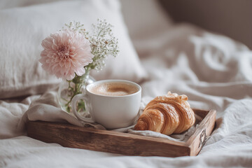 Wooden breakfast tray with a cup of coffee, croissant, and fresh flowers placed on a bed, captured in soft natural light for cozy lifestyle and food imagery.