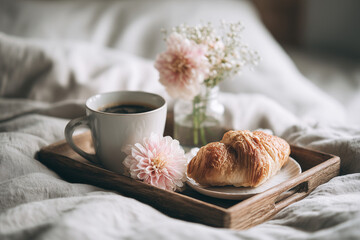 Breakfast tray with hot coffee, a croissant, and pink flowers resting on a bedspread, photographed in gentle morning light for warm lifestyle visuals.