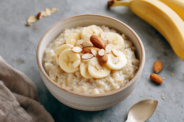 Bowl of warm oatmeal topped with banana slices and almonds, set with bananas in the background for natural, cozy breakfast and food imagery.