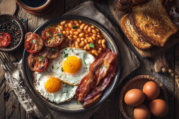 Full English breakfast plate with fried eggs, bacon, beans, tomatoes, toast, and black coffee, styled on a rustic table for hearty morning food imagery.