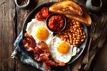Full English breakfast plate with fried eggs, bacon, beans, tomatoes, and toast on a rustic wooden table, captured in warm natural light for hearty food imagery.