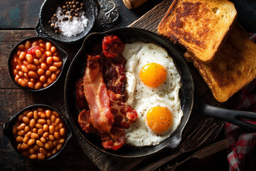 Skillet-style full English breakfast with fried eggs, bacon, beans, and toast arranged on a dark wooden surface for rich, rustic morning food photography.