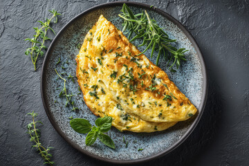 Golden omelette filled with cheese and herbs on a ceramic plate, photographed with sprigs of fresh greens for appetizing, rustic breakfast presentation.