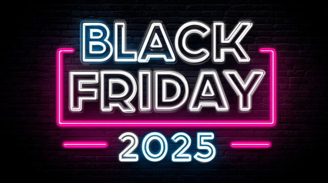 A bright neon sign with the words BLACK FRIDAY 2025 evokes excitement and anticipation for Black Friday sales. Bright pink and blue lights highlight discounts and special offers. Ideal for marketing