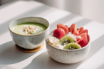 Green smoothie bowl served with sliced strawberries, bananas, and kiwi on a white surface, photographed in soft daylight for bright, wholesome food imagery.